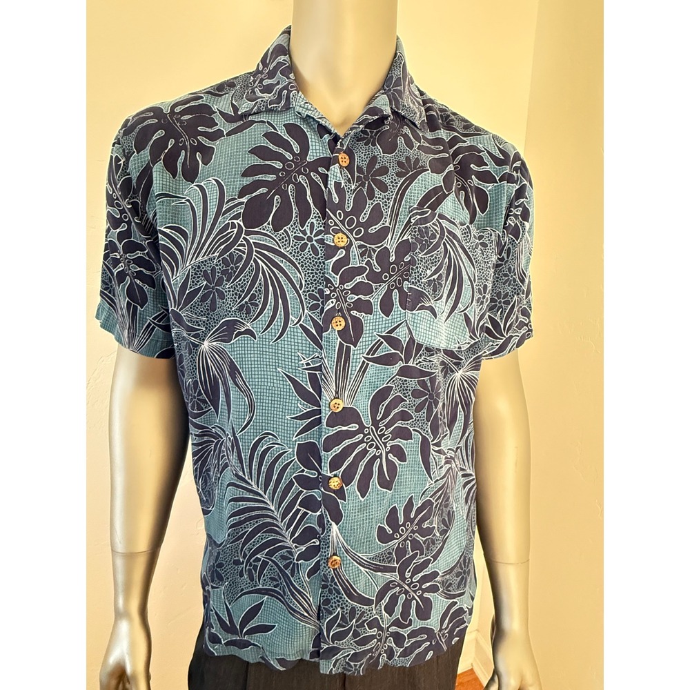 Tommy Bahama Mens Blue‎ Navy Tropical Leaf Hawaiian Aloha Silk Shirt